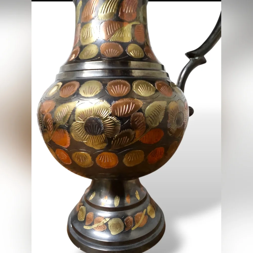 Antique Mid-Century MCM Copper Solid Brass Pitcher Etched Floral Ewer Vase VTG